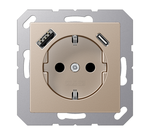 Розетка SCHUKO® с USB-зарядным устройством, тип A + тип С; термопласт; шампань  A1520-15CACH  Jung