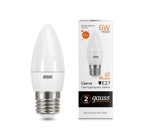 Лампа светодиодная LED 6Вт E27 220В 2700К Elementary свеча  33216  Gauss