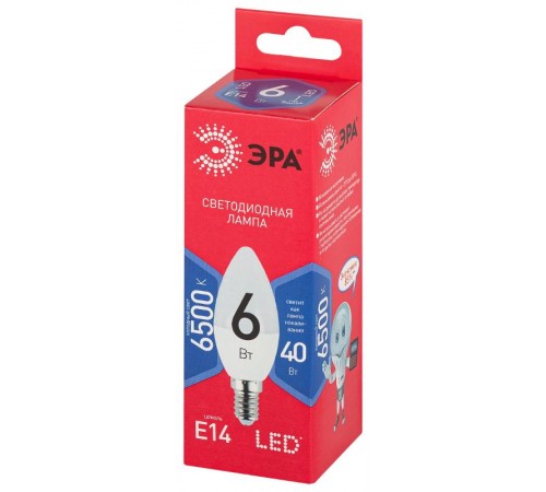 Лампа светодиодная ЭКО LED B35-6W-865-E14 R (диод, свеча, 6Вт, хол, E14)  Б0045339  ЭРА