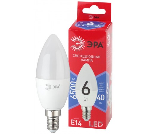 Лампа светодиодная ЭКО LED B35-6W-865-E14 R (диод, свеча, 6Вт, хол, E14)  Б0045339  ЭРА
