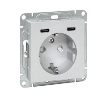 Механизм розетки с USB-C - 2шт, 16А, с заземлением, со шторками, алюминий Эпика EKF  UP1-SOA-111-2USBC  EKF