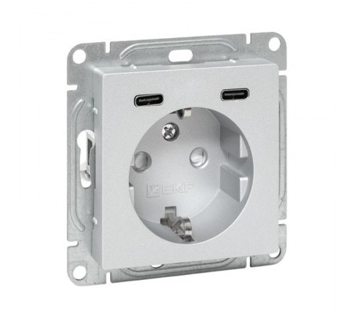 Механизм розетки с USB-C - 2шт, 16А, с заземлением, со шторками, алюминий Эпика EKF  UP1-SOA-111-2USBC  EKF