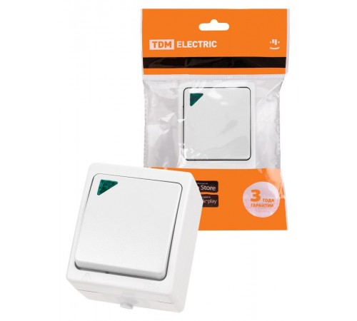 Выключатель 1-кл. с подсветкой открытой установки IP54 10А белый "Вуокса"  SQ1803-1004  TDM