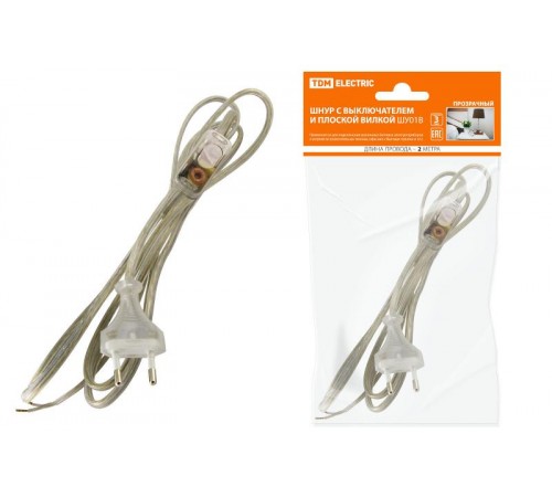Шнур с выключателем и плоской вилкой ШУ01В ШВВП 2х0,75мм2 2м. прозрачный  SQ1305-0004  TDM