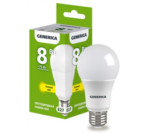 Лампа светодиодная A60 груша 8Вт 230В 3000К E27   LL-A60-08-230-30-E27-G  GENERICA