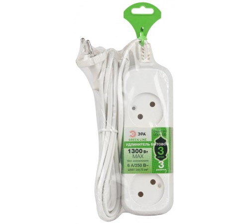Удлинитель электрический ЭРА UDL-6-330 Greenline 3 розетки без заземления 3м ШВВП 2x0.75мм2   Б0065041  ЭРА