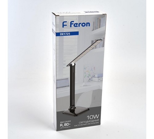Светильник настольный складной, диммируемый, 10W,100-240V, 4000К, 360*150*150 мм, черный DE1725  29860  FERON