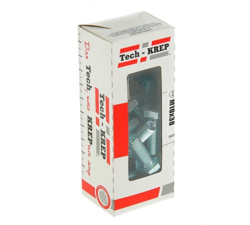 Болт DIN933 8.8 с шестигранной головкой оцинк. М10х30 (20 шт) - коробка с ок. Tech-K ( 0,53 кг)  105215  Tech-KREP