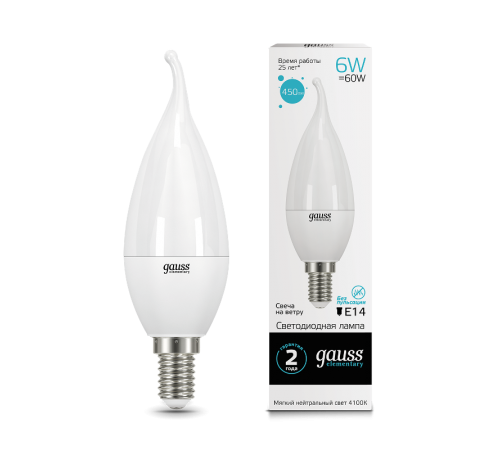 Лампа светодиодная LED 6Вт E14 220В 4100К Elementary свеча на ветру  34126  Gauss
