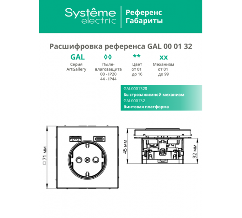 ArtGallery Белый Розетка 16А с 2 USB A+C, 5В/2,4А/3,0А, 2х5В/1,5А, механизм  GAL000132  SE