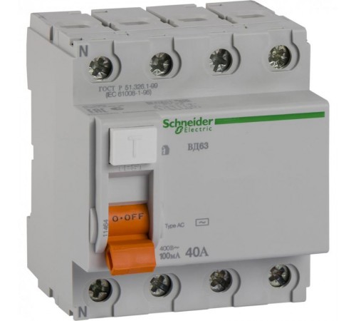 Выключатель дифференциальный (УЗО) ВД63 4п 40А 100мА тип AC  11464  Schneider Electric