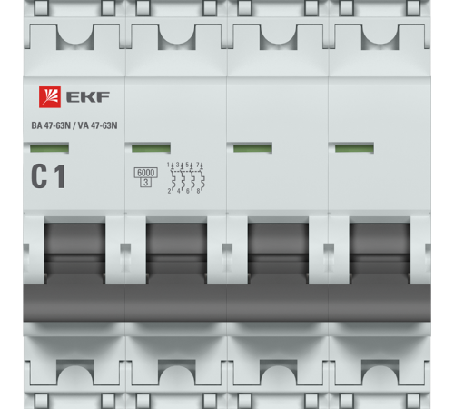Выключатель автоматический четырёхполюсный 1А (C) 6кА ВА 47-63N PROxima M636401C  EKF