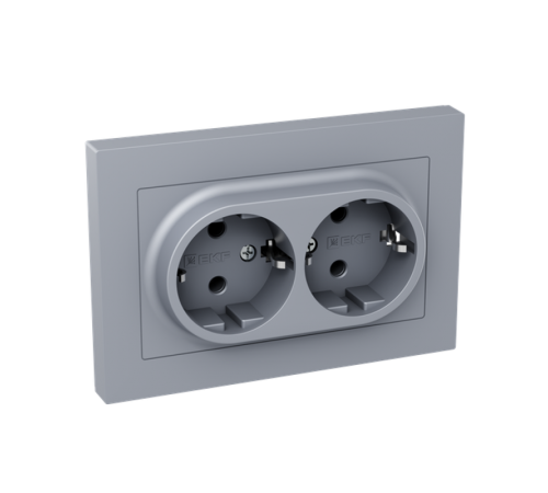 Механизм розетки двойной, 16А, с заземлением, без шторок, с рамкой, алюминий Эпика EKF  UP1-SOA-210  EKF