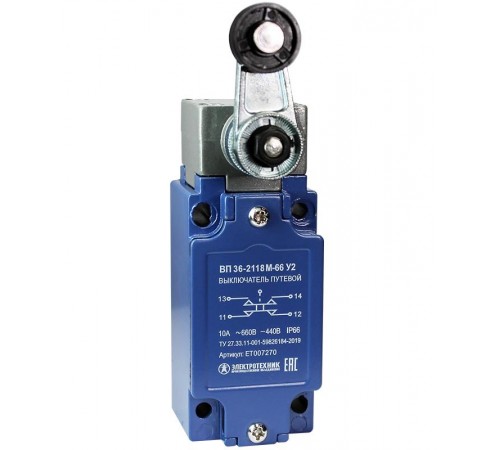ВП 36-2118М-66 У2, рычаг с пласт. роликом, 1з+1р, мгновенный, 30х60 мм, без сальника, 3А, IP66, выключатель путевой  (ЭТ)  ET007270  Электротехник