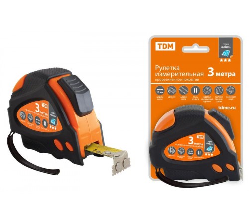 Рулетка 3 м х 16 мм, тройная фиксация, автостоп, обрезиненный корпус, магнит, "Алмаз"  SQ1018-0109  TDM