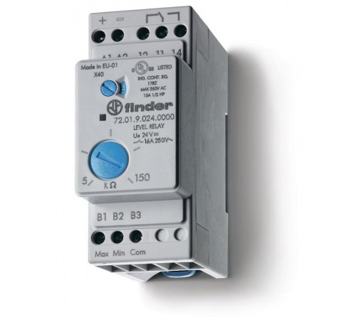 Реле контроля уровня; настраиваемый диапазон чувствительности 5...450кОм; питание 24В AC; выход 1CO 16А; ширина 35мм  720180240002PAS  Finder