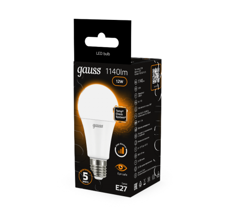 Лампа светодиодная A60 12W 1140lm 3000K Е27 шаг. диммирование LED 1/10/50  102502112-S  Gauss