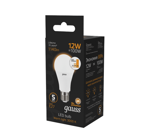 Лампа светодиодная A60 12W 1140lm 3000K Е27 шаг. диммирование LED 1/10/50  102502112-S  Gauss
