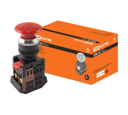 Кнопка ANE-22 "Грибок"с фиксацией красный d22мм неон/230В 1з+1р   SQ0704-0019  TDM
