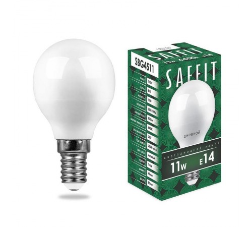 Лампа светодиодная SBG4511 11W 6400K 230V E14 G45  55140  SAFFIT