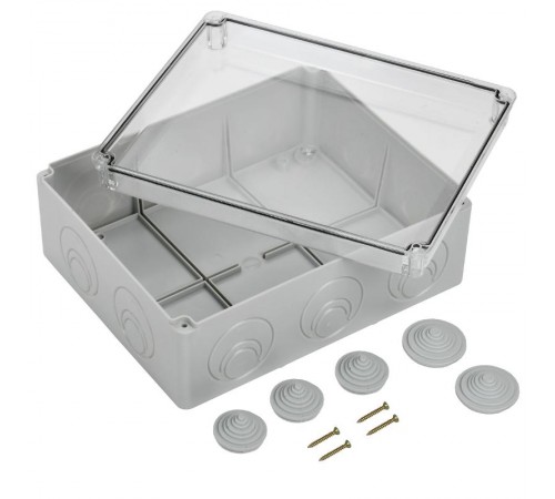 Коробка распределительная КМ41276 для о/п 240х195х90 мм IP55 (RAL7035, прозр. кр., кабельные вводы 5 шт)  UKO10-240-195-090-K51-55  IEK