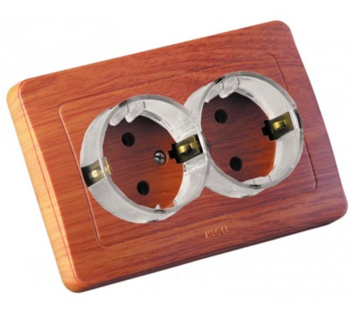 Розетка скрытой установки, двухместная, с заземляющим контактом, со шторками, цвет дуб  РС16-382-05  HEGEL