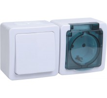 Гермес PLUS белая клав.дымчатая крышка Блок выключатель 1-клавишный и розетка с з/к и крышкой О/У IP54 БГб-22-31-ГПБд  EBGMP20-K03-31-54-EC  IEK