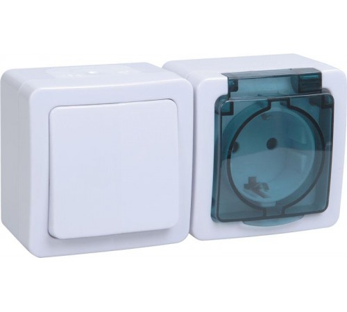Гермес PLUS белая клав.дымчатая крышка Блок выключатель 1-клавишный и розетка с з/к и крышкой О/У IP54 БГб-22-31-ГПБд  EBGMP20-K03-31-54-EC  IEK