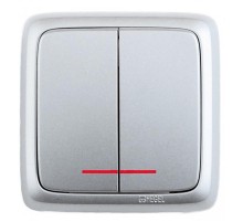 Выключатель открытой установки, двухклавишный, с индикацией, с изолирующей пластиной, цвет серебро  ВА10-154-06  HEGEL