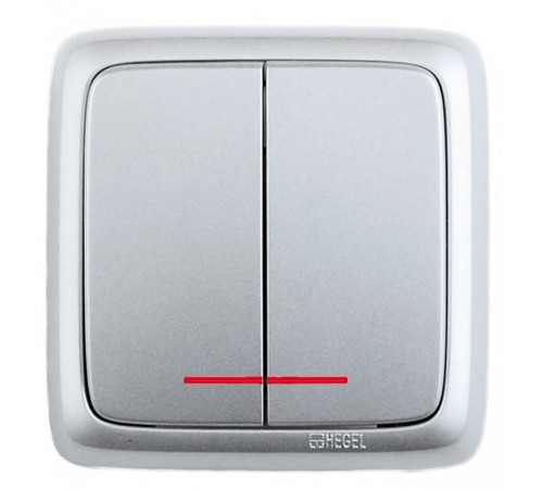 Выключатель открытой установки, двухклавишный, с индикацией, с изолирующей пластиной, цвет серебро  ВА10-154-06  HEGEL