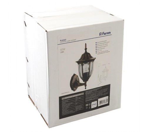 Светильник садово-парковый PL6301 шестигранный на стену вверх 60W E27 230V, черное золото  11897  Feron