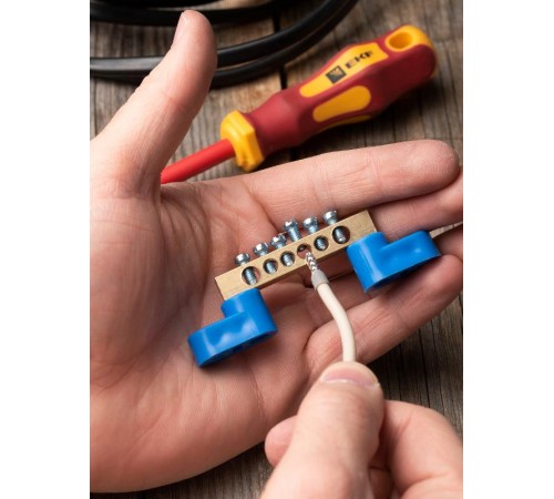 Шина "0" N (6х9мм) 6 отверстий латунь 2 синих угловых изолятора EKF PROxima  sn0-2-63-06  EKF