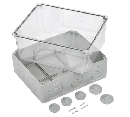 Коробка распределительная КМ41278 для о/п 240х195х165 мм IP55 (RAL7035, прозр. кр., кабельные вводы 5 шт)  UKO10-240-195-165-K51-55  IEK