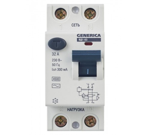 Выключатель дифференциальный (УЗО) ВД1-63 2Р 32А 300мА  MDV15-2-032-300  GENERICA