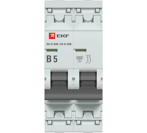Выключатель автоматический двухполюсный 5А (B) 6кА ВА 47-63N PROxima M636205B  EKF