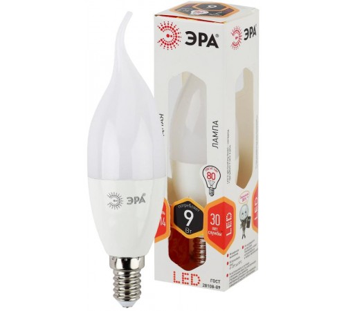 Лампа светодиодная LED BXS-9W-827-E14 Лампы СВЕТОДИОДНЫЕ СТАНДАРТ ЭРА (диод, свеча на ветру, 9Вт, тепл, E14)  Б0027973  ЭРА