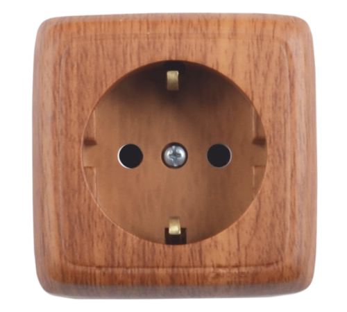 Розетка открытой установки, одноместная, с заземляющим контактом, со шторкой, с монтажной пластиной, цвет дуб  РА16-116-05  HEGEL