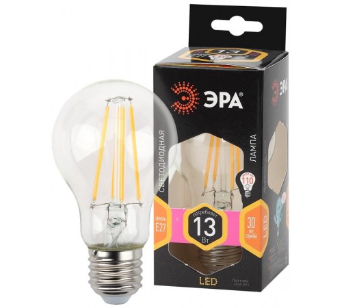 Лампа светодиодная F-LED A60-13W-827-E27 (филамент, груша, 13Вт, тепл., Е27)  Б0035027  ЭРА