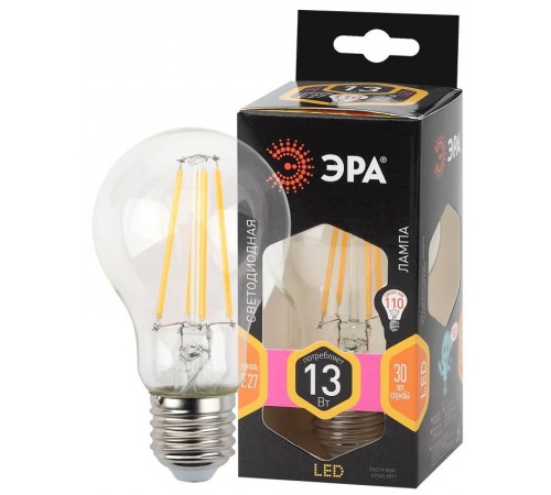 Лампа светодиодная F-LED A60-13W-827-E27 (филамент, груша, 13Вт, тепл., Е27)  Б0035027  ЭРА