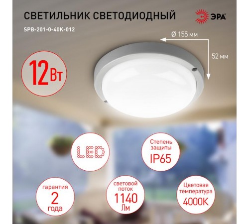 Светильник светодиодный пылевлагозащищенный для ЖКХ SPB-201-0-40К-012 IP65 12Вт 4000К КРУГ  Б0047619  ЭРА