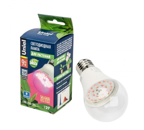 Лампа светодиодная LED-A60-9W/SP/E27/CL ALM01WH LED для растений. "груша" прозрачная колба. Материал корпуса пластик. Упаковка .  09645  Uniel