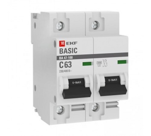 Выключатель автоматический двухполюсный 2P 63А (C) 10kA ВА 47-100 EKF Basic  mcb47100-2-63C-bas  EKF