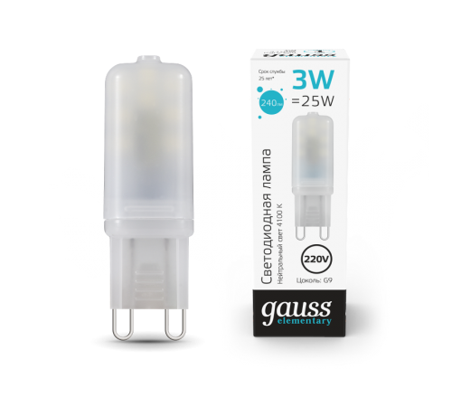 Лампа светодиодная Elementary G9 AC220-240V 3W 240lm 4100K пластик LED 1/10/200  14923  Gauss
