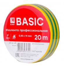 Изолента, класс А (профессиональная), 0.18х19мм, 20 метров, желто-зеленая EKF Simple  plc-iz-a-yg  EKF