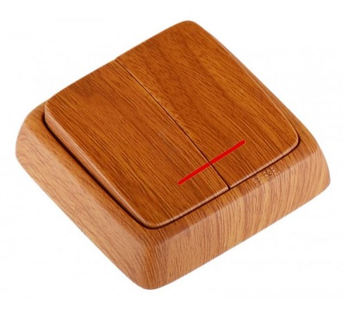 Выключатель открытой установки, двухклавишный, с индикацией, с изолирующей пластиной, цвет дуб  ВА10-154-05  HEGEL