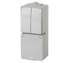 Блок розетка+выключатель 2-клавишный вертикальный IP65, 16A(10AX)-250В, ОУ, 11-7608-03 Эра Эксперт, Серый  Б0035999  ЭРА