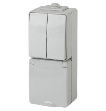 Блок розетка+выключатель 2-клавишный вертикальный IP65, 16A(10AX)-250В, ОУ, 11-7608-03 Эра Эксперт, Серый  Б0035999  ЭРА