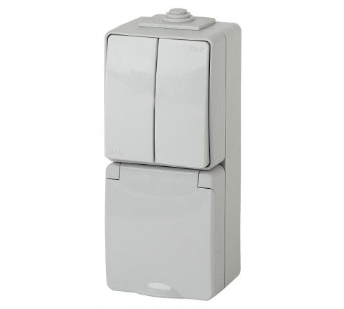 Блок розетка+выключатель 2-клавишный вертикальный IP65, 16A(10AX)-250В, ОУ, 11-7608-03 Эра Эксперт, Серый  Б0035999  ЭРА