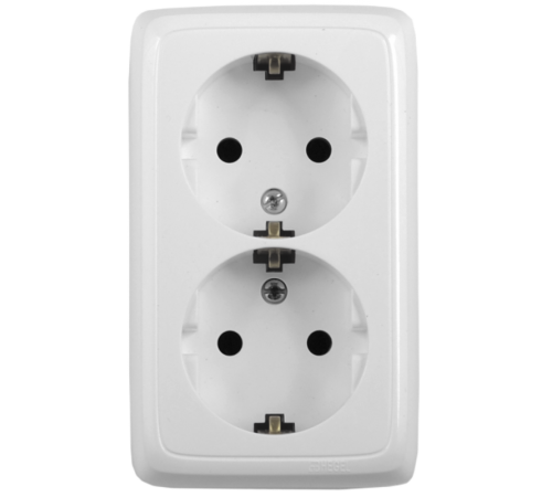Розетка открытой установки, двухместная, с заземляющим контактом, со шторками, цвет белый  РА16-152  HEGEL