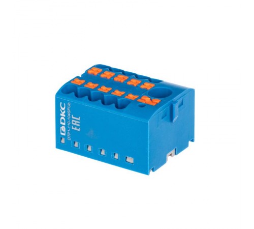 Блок распределительный, зажим push-in, 1 ввод 6 кв.мм, 10 точек подключения 2,5 кв.мм, синий  DTP1-110-104SPUB  DKC